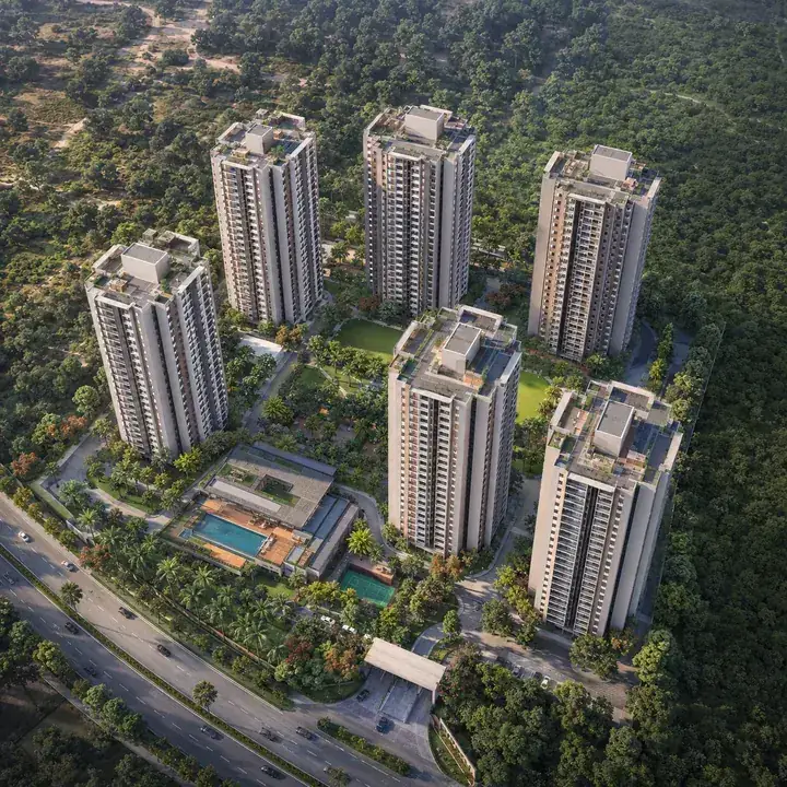 Prestige Forest Edge aerial view of the six-tower community amid forest-edge greenery on Kanakapura Road