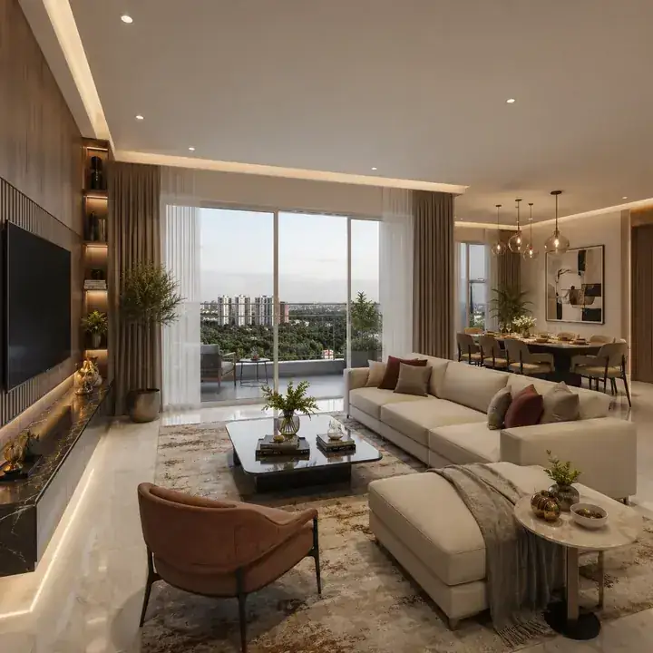 Prestige Forest Edge representative living-dining interior with premium finishes