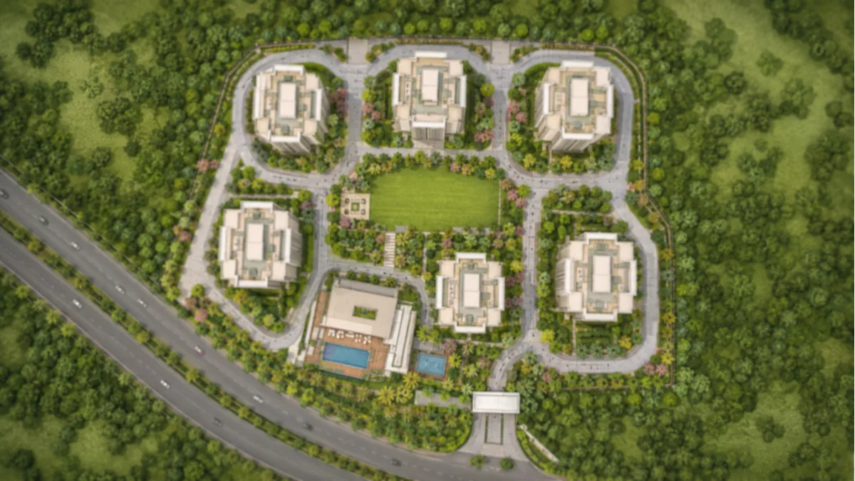 Prestige Forest Edge master plan site layout showing the six towers, clubhouse and central green on Kanakapura Road