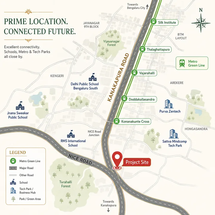 Prestige Forest Edge location map showing Kanakapura Road, NICE Road, the Namma Metro Green Line and nearby landmarks
